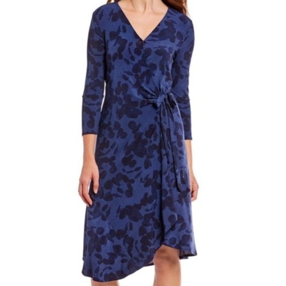 H Halston Pacific Heights Blue Eucalyptus Print Faux Wrap Dress
